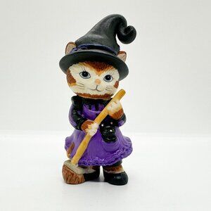 Vintage Cat BC Bronson Bisque Porcelain Garden Witchy Halloween Kitten Broom Hat